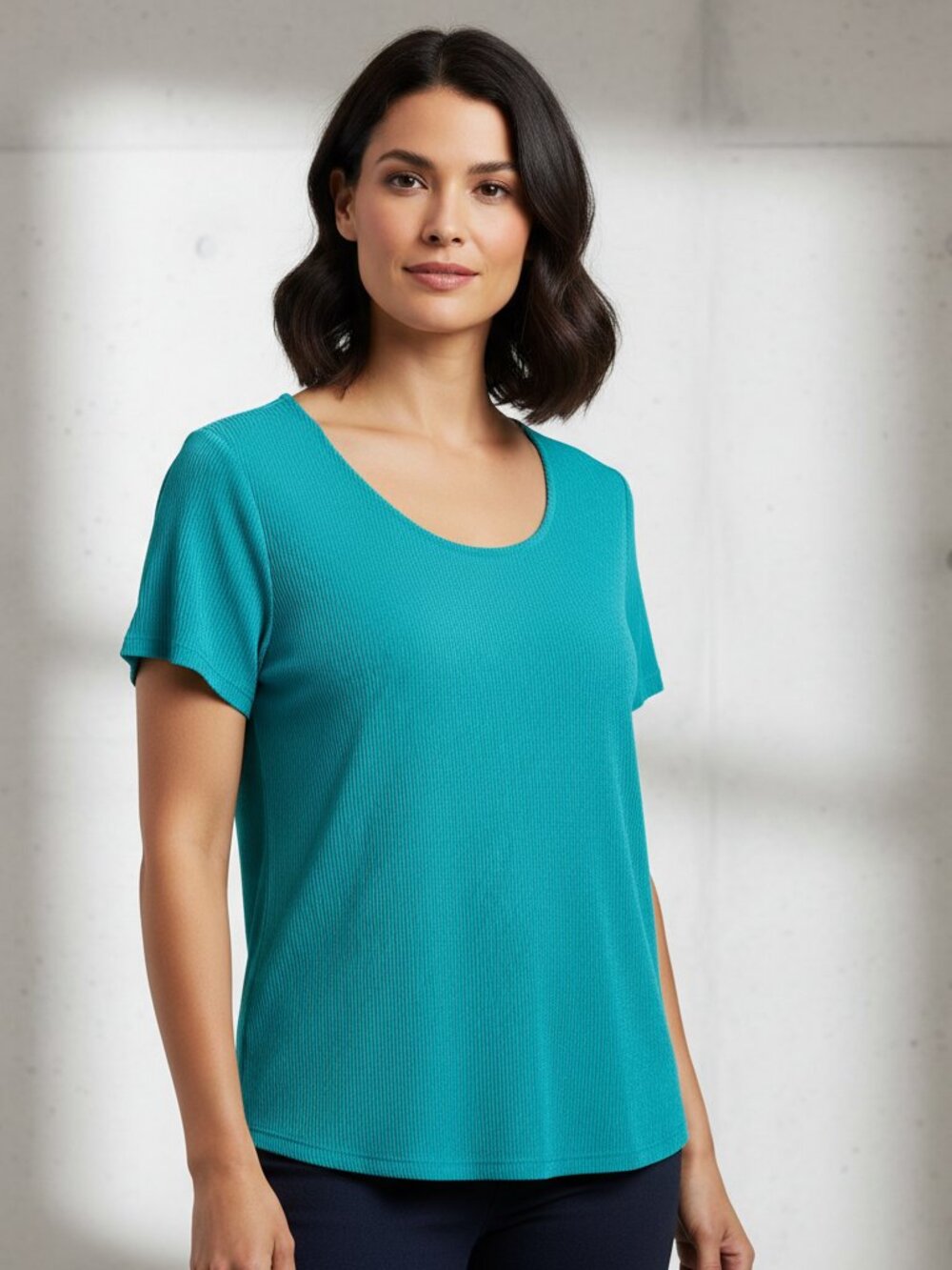 White Stag L Teal Green Liquid Knit Short Sleeve Top Minimalist Casual Office